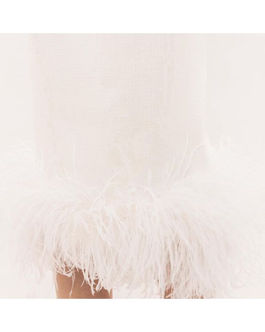 Nissa White Feather-Trimmed Sequined Midi Dress