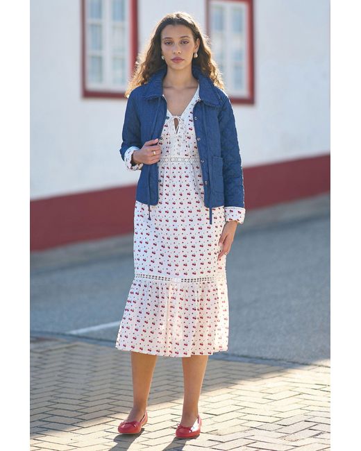 Yumi' Blue Chambray Quilted Jacket With Cherry Lining