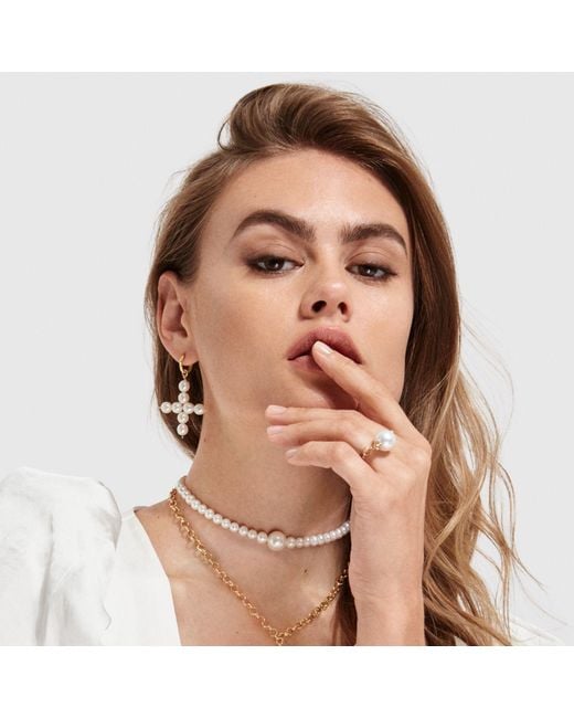 Ora Pearls Metallic Aelia Cross Pearl Hoop Earrings