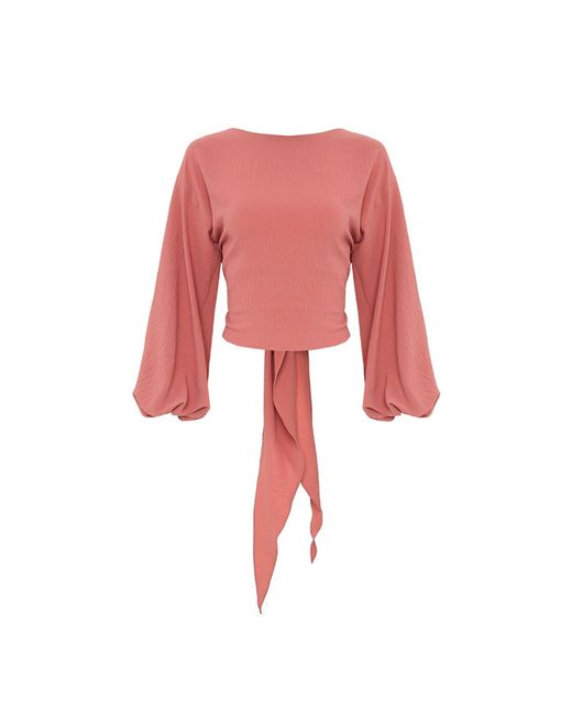 Azzali Red Long And Puffy Sleeves Top With Low Bow-Rose Tan