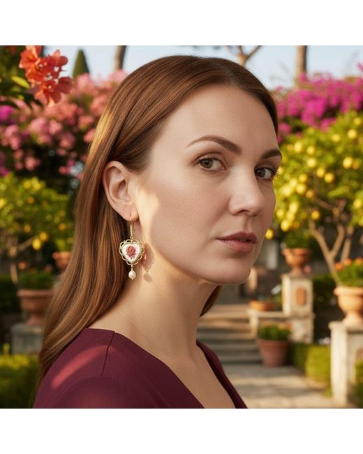 Vintouch Italy Metallic Blossom Heart Cameo Earrings With Pearls