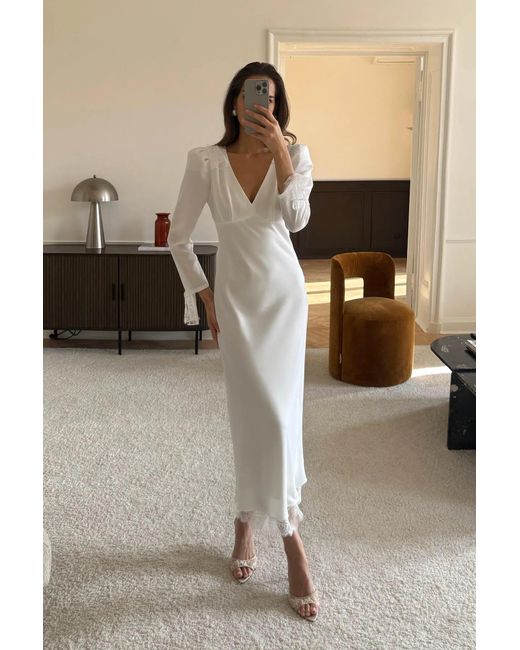 POST MERIDIEM White Fitted Midi Dress With Lace