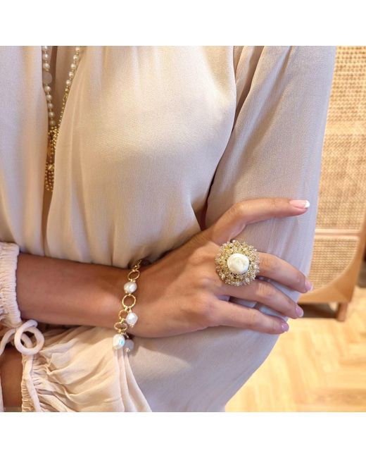 Farra Metallic Romantic Style Floral Freshwater Pearl With Crystal Cocktail Ring