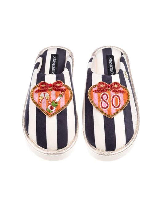 Laines London Red Flatform Stripe Closed Toe Slippers With Stripe Heart 80Th Birthday Brooches
