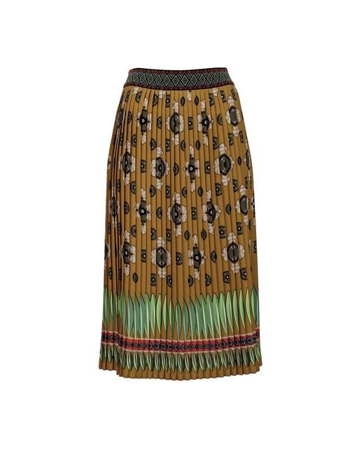 Lalipop Design Green Abstract Khaki Flower Print Pleated Midi Skirt