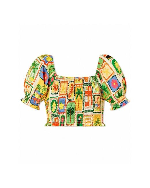 Yumi' Yellow Multicolour Cropped Shirred Cotton Postcard Print Top