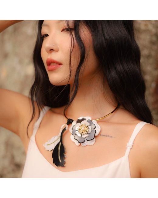 Gissa Bicalho Metallic Neutrals Handmade Acrylic Necklace Choker Camellia Nacre