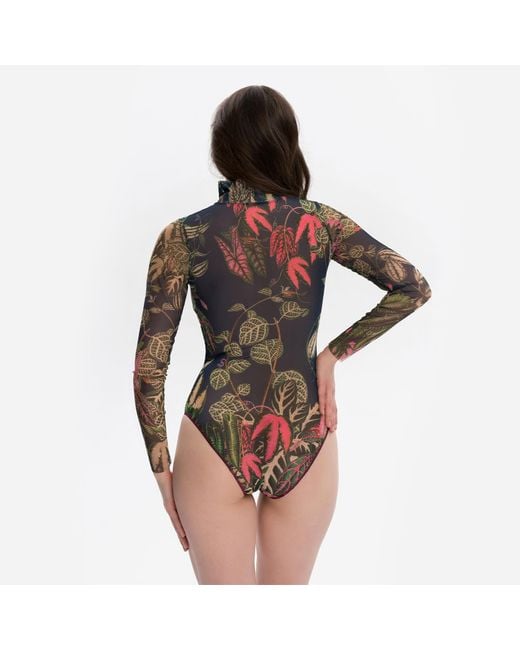Rodasoleil Smart Swimwear Blue Tan-Through Mesh One-Piece Zipper Swimsuit With Sleeves Botanicum
