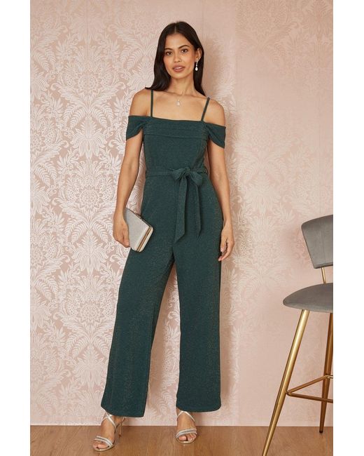 Yumi' Green Sparkle Stretch Bardot Jumpsuit