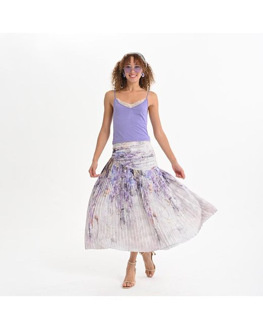 Lalipop Design Purple Abstract Floral Print Pleated Midi Skirt