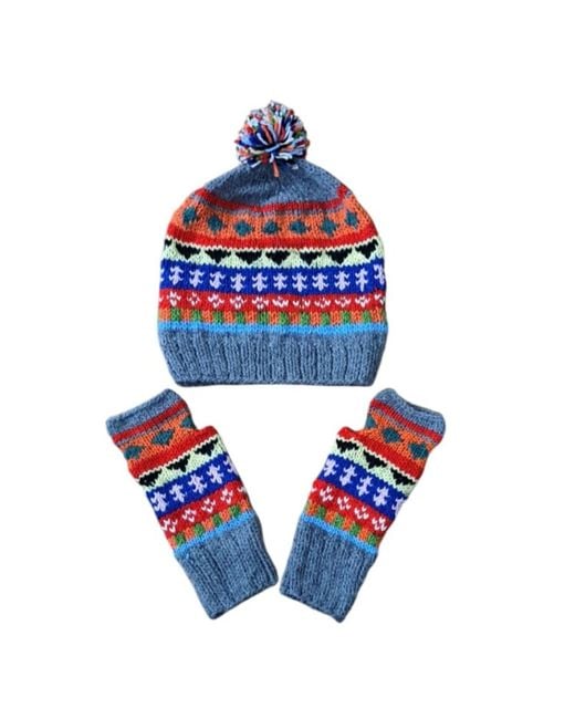 Springmoonatelier Blue Handcrafted Wool Hat And Fingerless Gloves