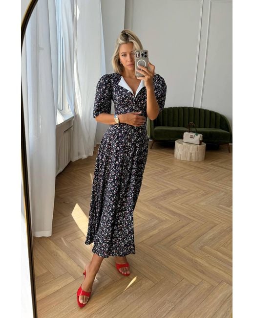 POST MERIDIEM Gray Short Sleeve Buttoned Midi Dress