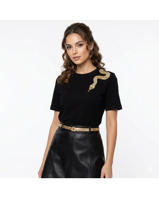 House of Laines London Black Laines Couture Embellished Shoulder Snake T-Shirt