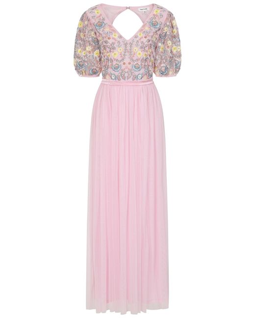 Frock and Frill Pink Camelia Floral Embroidered Maxi Dress