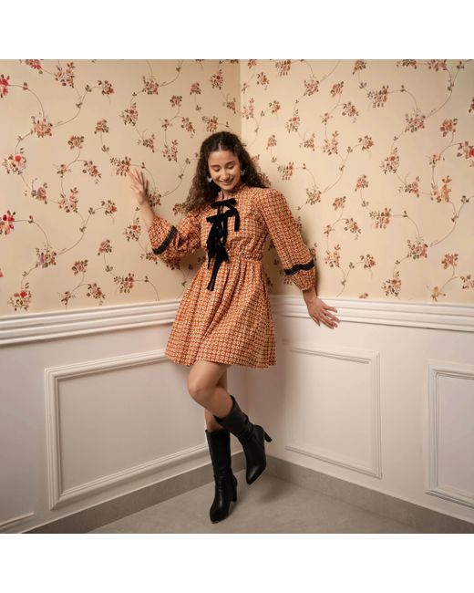 Echo of Pink Orange Amelie Hand Block Print Mini Cotton Dress