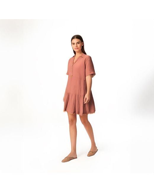 Haris Cotton Pink Mini Textured Cotton Short Sleeved Dress With Front Buttons And Lace Trims Blush