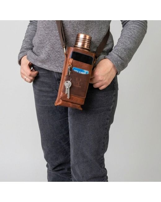 Anatoliacraft Brown Leather Water Bottle Crossbody Bag With Utility Pocket for men