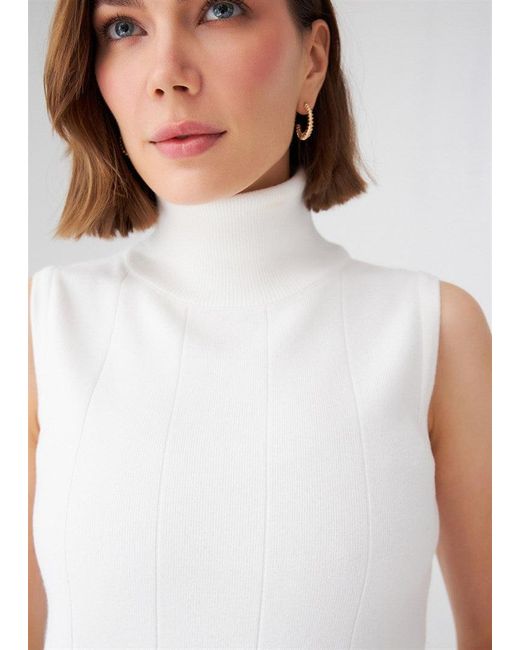 Peraluna White Slim Fit Sleeveless Turtle-Neck Blouse