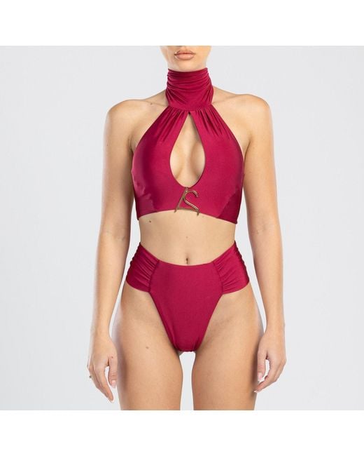 ANTONINIAS Red Clam High Waisted Side Draped Bikini Bottom