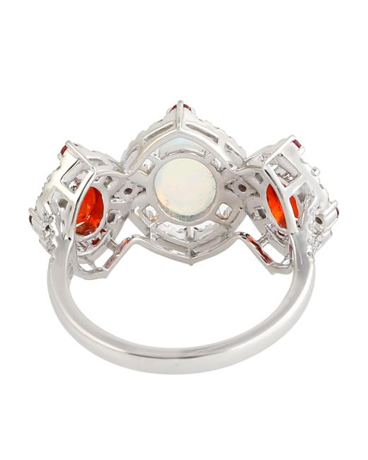 Artisan Multicolor Ethiopian & Fire Opal With Sapphire Pave Diamond In 18k White Gold Three Stone Ring