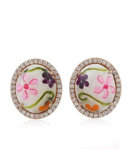 Artisan Pink Rose Mother Of Pearl, Enamel & Diamond Flower Earrings