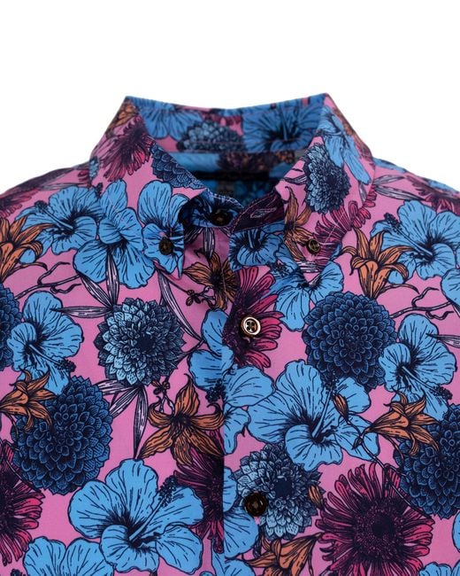 Lords of Harlech Blue Tim Hibiscus Garden Shirt In Pink for men