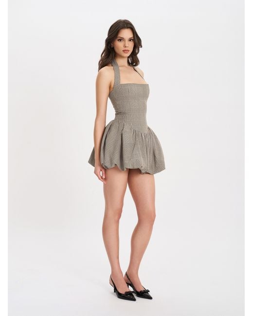 Miss Circle New York Gray Neutrals Dacia Plaid Halter Lace-Up Bubble Mini Dress