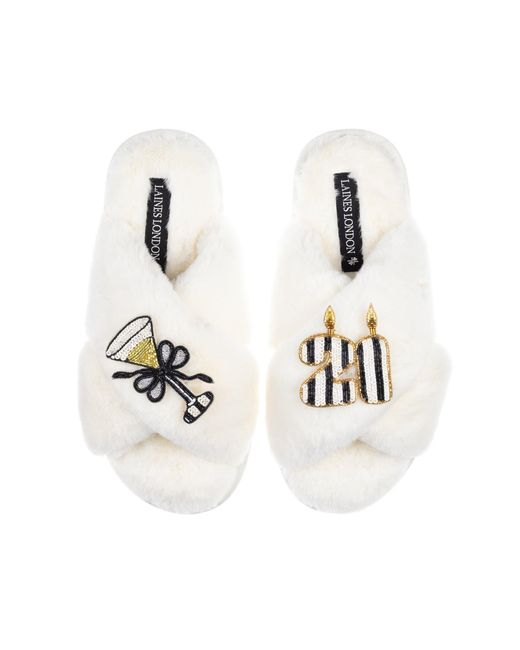 Laines London White Classic Laines Slippers With Stripe 21St Birthday & Glass Of Champagne Brooches