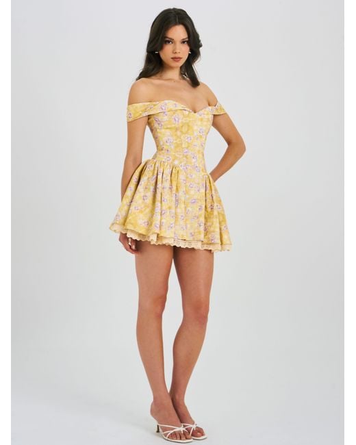 Miss Circle New York Yellow Oana Floral Print Linen Collared Off Shoulder Mini Dress