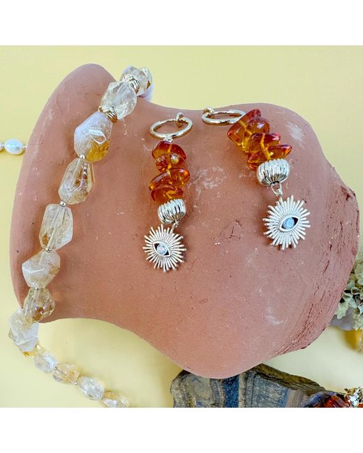 Farra Metallic Natural Amber With Evil Eye Dangle Clip-On Earrings