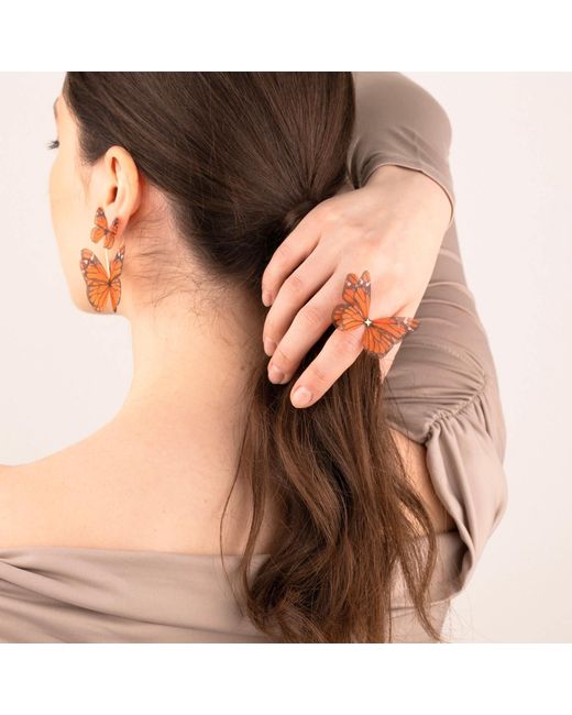 Oana Savu Orange Silk Butterfly Earrings Monarch Wings Lightweight Dangles