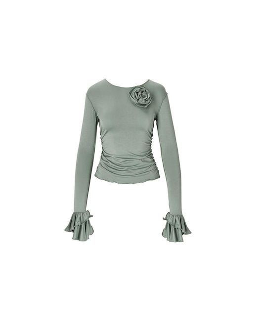 Mandragora Green Viscose Longsleeve With Ruffles And A Decorative Rose – Rosalie Khaki