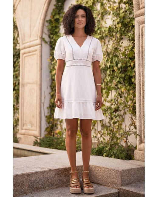 Yumi' White Lace Trim V Neck Dress