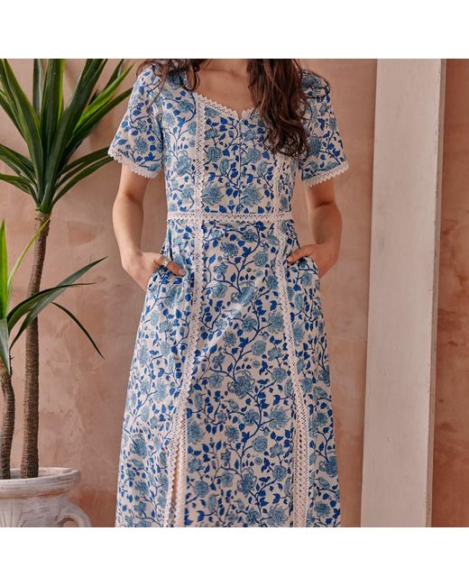 LAtelier London Blue Serafina Floral Cotton Midi Dress With Side Splits
