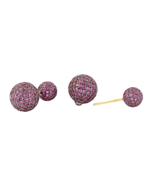 Artisan Purple 18k Gold With 925 Silver In Pave Pink Sapphire Bead Ball Double Tunnel Earrings