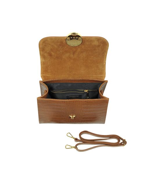 Le Parmentier Brown Bombo Croco Embossed Leather Top-Handle Satchel Bag W/Strap