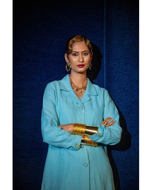 NoLoGo-chic Blue Embroidered Gertrude Coat Dress Linen