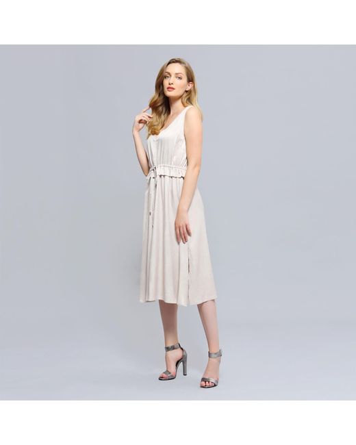 Smart and Joy Natural V-Neckline Adjustable Waist Midi Dress