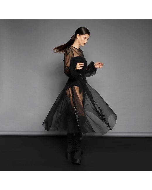 Silvia Serban Black Textured Tulle Fit-And-Flare Dress With Volumetric Appliqués