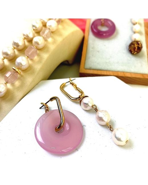 Farra Pink Round Rose Quartz With Freshwater Pearls Asymmetrical Clip On Earrings