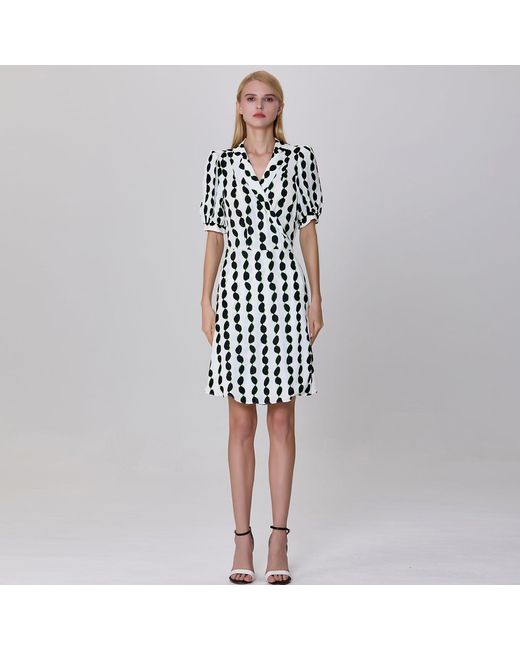 Smart and Joy Black Tailor Collar Graphic Print Short Warp Dress