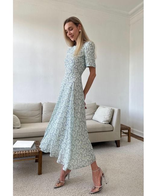 POST MERIDIEM Blue Short Sleeve Floral Midi Dress