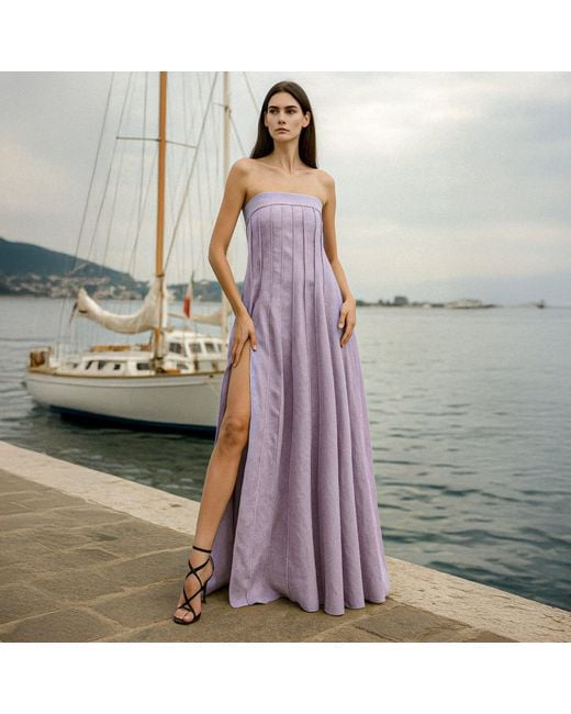 Kargede Purple Lilac Linen Maxi Dress – Designer Strapless Gown With Pleated Detail