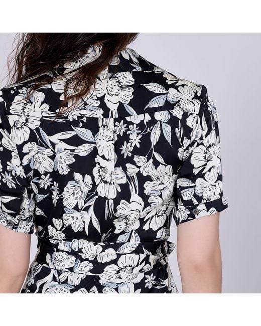 Smart and Joy Black Macro Flower Print Midi Shirt-Dress