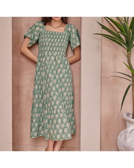 LAtelier London Green Block Print Smocked Cotton Midi Dress