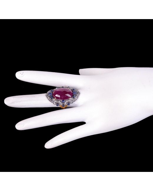 Artisan Purple Ruby Sapphire 18k Gold 925 Sterling Silver Diamond Cocktail Ring Jewelry