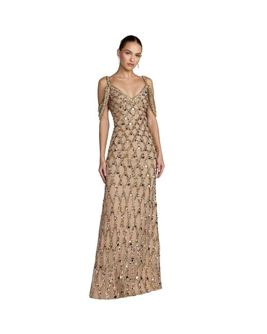 Mac Duggal Natural Sequin Embellished V-Neck Gown