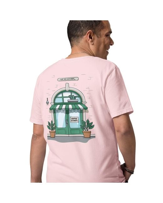 Anchor and Crew Pink Cotton Gustatory Coffee & Chats Organic Cotton Embroidered T-Shirt for men