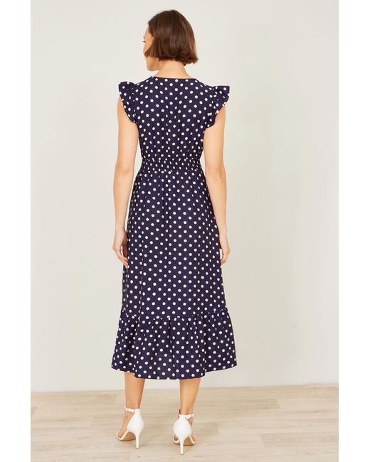 Yumi' Blue Spot Ruched Waist Midi Dress