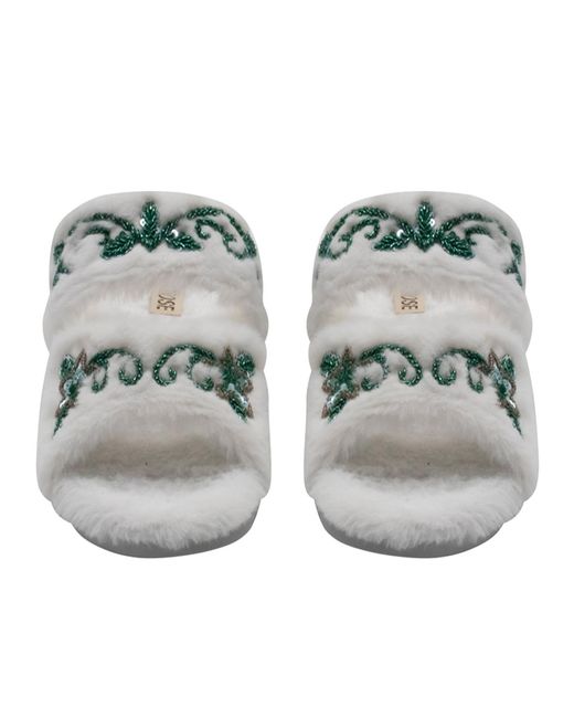 Rettrose Green Neutrals Elkie Cream Luxury Plush Diamanté Embellished Handmade Slipper